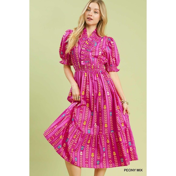 Umgee Dresses & Skirts - Umgee Vibrant Ruffle Smocked Midi Dress - Peony Mix - Large